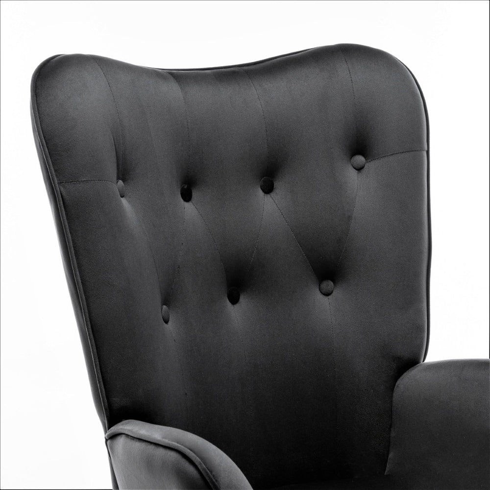 English Elm Mid-Century Modern Wingback Chair Tufted Polyester Upholstery Splayed Wood Legs Black B2735P511065
