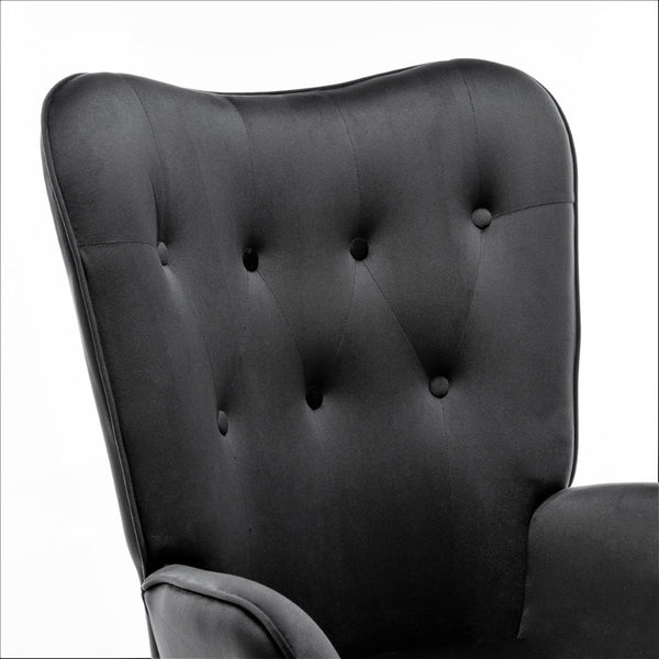 English Elm Mid-Century Modern Wingback Chair Tufted Polyester Upholstery Splayed Wood Legs Black B2735P511065