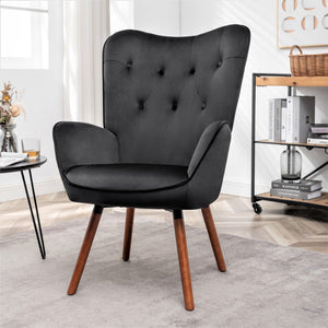 English Elm Mid-Century Modern Wingback Chair Tufted Polyester Upholstery Splayed Wood Legs Black B2735P511065