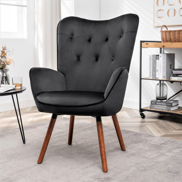 English Elm Mid-Century Modern Wingback Chair Tufted Polyester Upholstery Splayed Wood Legs Black B2735P511065