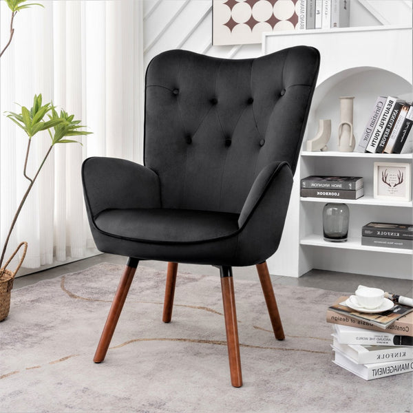 English Elm Mid-Century Modern Wingback Chair Tufted Polyester Upholstery Splayed Wood Legs Black B2735P511065