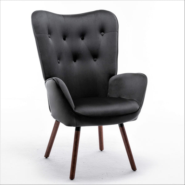 English Elm Mid-Century Modern Wingback Chair Tufted Polyester Upholstery Splayed Wood Legs Black B2735P511065