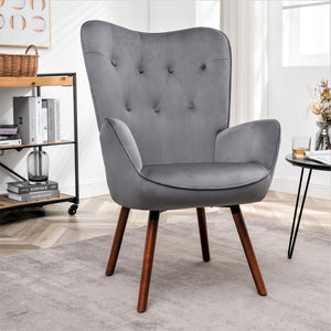English Elm Mid-Century Modern Wingback Chair Tufted Polyester Upholstery Splayed Wood Legs Grey B2735P511066