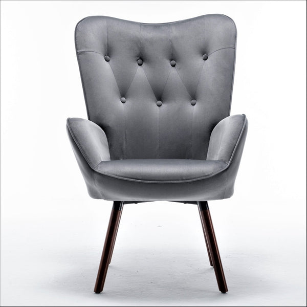 English Elm Mid-Century Modern Wingback Chair Tufted Polyester Upholstery Splayed Wood Legs Grey B2735P511066