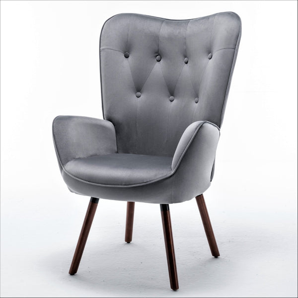 English Elm Mid-Century Modern Wingback Chair Tufted Polyester Upholstery Splayed Wood Legs Grey B2735P511066