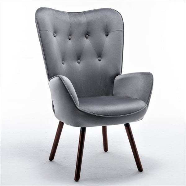 English Elm Mid-Century Modern Wingback Chair Tufted Polyester Upholstery Splayed Wood Legs Grey B2735P511066