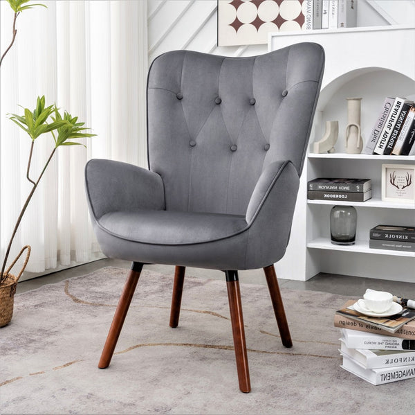 English Elm Mid-Century Modern Wingback Chair Tufted Polyester Upholstery Splayed Wood Legs Grey B2735P511066