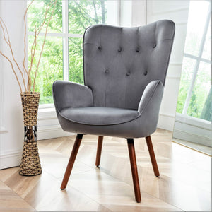 English Elm Mid-Century Modern Wingback Chair Tufted Polyester Upholstery Splayed Wood Legs Grey B2735P511066