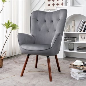 English Elm Mid-Century Modern Wingback Chair Tufted Polyester Upholstery Splayed Wood Legs Grey B2735P511066