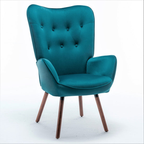 English Elm Mid-Century Modern Wingback Chair Tufted Polyester Upholstery Splayed Wood Legs Teal Blue B2735P511067