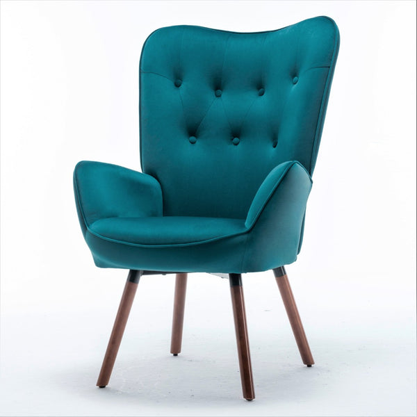 English Elm Mid-Century Modern Wingback Chair Tufted Polyester Upholstery Splayed Wood Legs Teal Blue B2735P511067