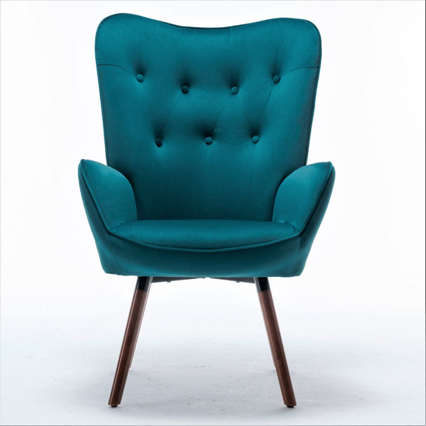 English Elm Mid-Century Modern Wingback Chair Tufted Polyester Upholstery Splayed Wood Legs Teal Blue B2735P511067