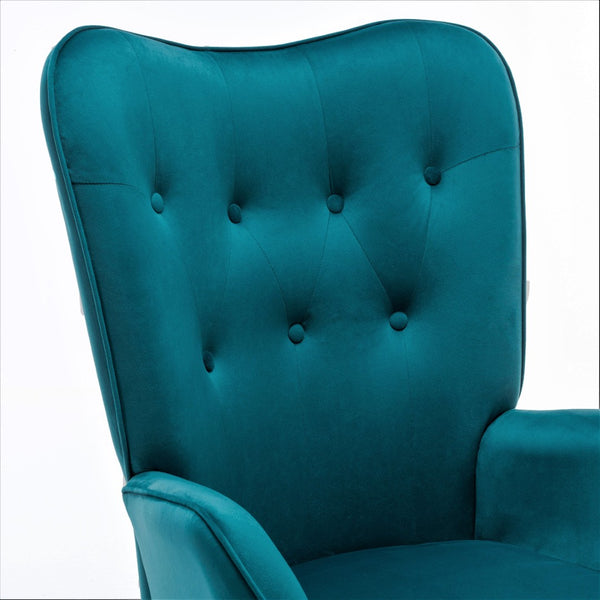 English Elm Mid-Century Modern Wingback Chair Tufted Polyester Upholstery Splayed Wood Legs Teal Blue B2735P511067