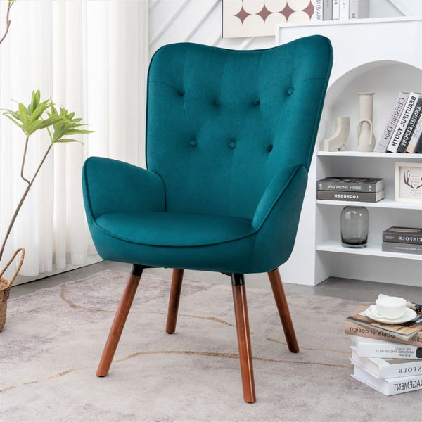 English Elm Mid-Century Modern Wingback Chair Tufted Polyester Upholstery Splayed Wood Legs Teal Blue B2735P511067