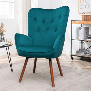 English Elm Mid-Century Modern Wingback Chair Tufted Polyester Upholstery Splayed Wood Legs Teal Blue B2735P511067