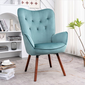 English Elm Mid-Century Modern Wingback Chair Tufted Polyester Upholstery Splayed Wood Legs Blue Gray B2735P511068
