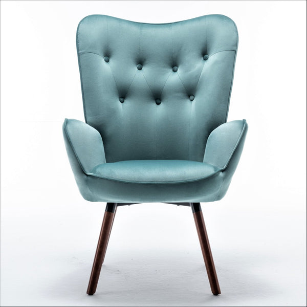 English Elm Mid-Century Modern Wingback Chair Tufted Polyester Upholstery Splayed Wood Legs Blue Gray B2735P511068