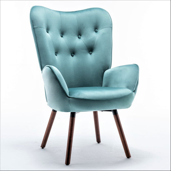 English Elm Mid-Century Modern Wingback Chair Tufted Polyester Upholstery Splayed Wood Legs Blue Gray B2735P511068