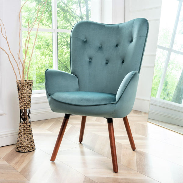 English Elm Mid-Century Modern Wingback Chair Tufted Polyester Upholstery Splayed Wood Legs Blue Gray B2735P511068