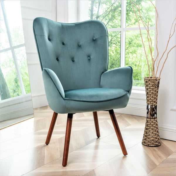 English Elm Mid-Century Modern Wingback Chair Tufted Polyester Upholstery Splayed Wood Legs Blue Gray B2735P511068