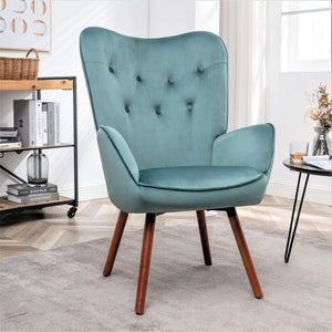 English Elm Mid-Century Modern Wingback Chair Tufted Polyester Upholstery Splayed Wood Legs Blue Gray B2735P511068