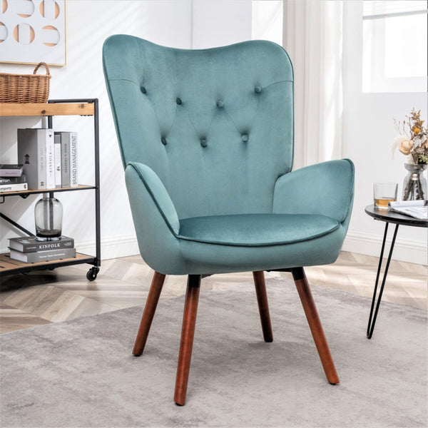 English Elm Mid-Century Modern Wingback Chair Tufted Polyester Upholstery Splayed Wood Legs Blue Gray B2735P511068