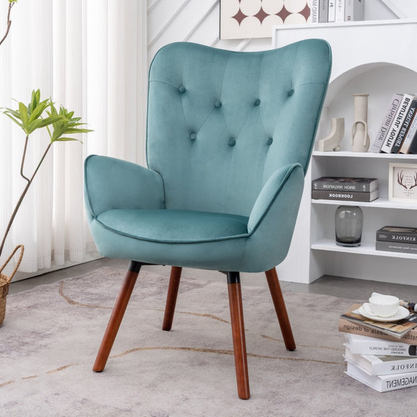 English Elm Mid-Century Modern Wingback Chair Tufted Polyester Upholstery Splayed Wood Legs Blue Gray B2735P511068