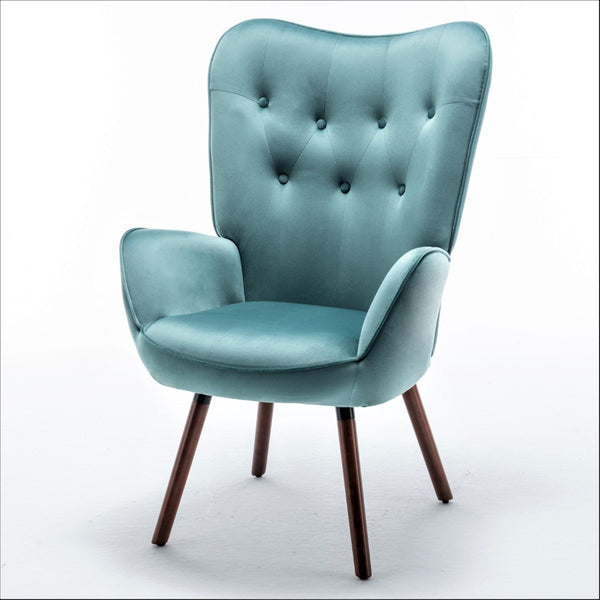 English Elm Mid-Century Modern Wingback Chair Tufted Polyester Upholstery Splayed Wood Legs Blue Gray B2735P511068
