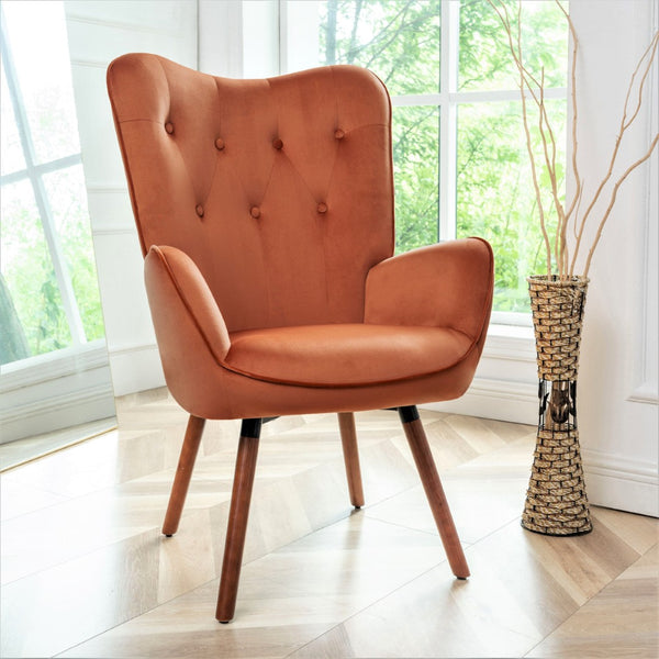 English Elm Mid-Century Modern Wingback Chair Tufted Polyester Upholstery Splayed Wood Legs Orange B2735P511069