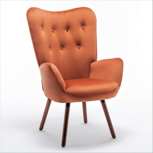 English Elm Mid-Century Modern Wingback Chair Tufted Polyester Upholstery Splayed Wood Legs Orange B2735P511069