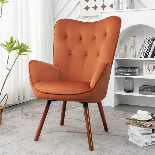 English Elm Mid-Century Modern Wingback Chair Tufted Polyester Upholstery Splayed Wood Legs Orange B2735P511069