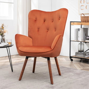 English Elm Mid-Century Modern Wingback Chair Tufted Polyester Upholstery Splayed Wood Legs Orange B2735P511069