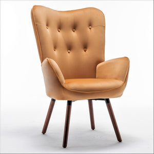 English Elm Mid-Century Modern Wingback Chair Tufted Polyester Upholstery Splayed Wood Legs Mustard yellow B2735P511070