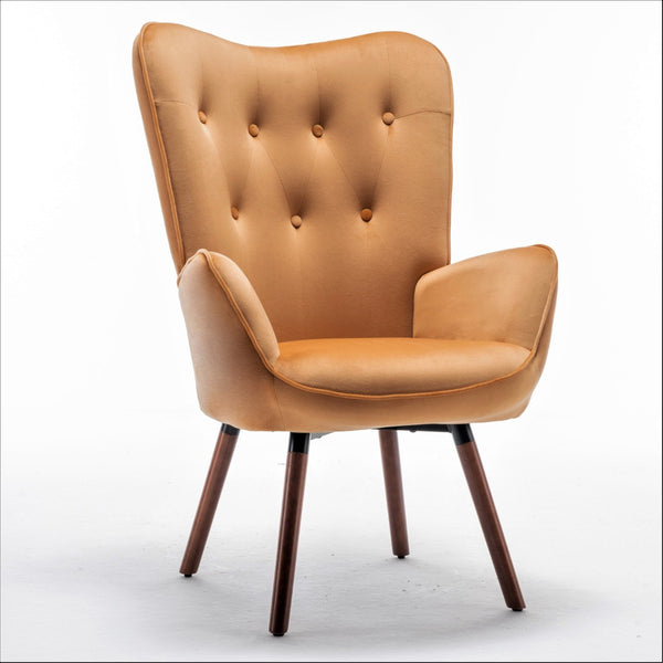 English Elm Mid-Century Modern Wingback Chair Tufted Polyester Upholstery Splayed Wood Legs Mustard yellow B2735P511070