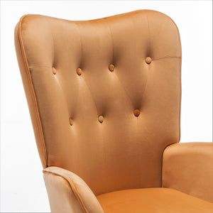 English Elm Mid-Century Modern Wingback Chair Tufted Polyester Upholstery Splayed Wood Legs Mustard yellow B2735P511070