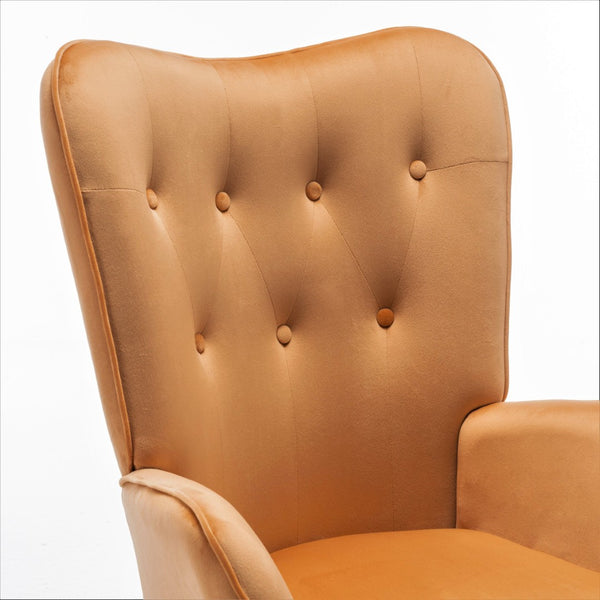 English Elm Mid-Century Modern Wingback Chair Tufted Polyester Upholstery Splayed Wood Legs Mustard yellow B2735P511070