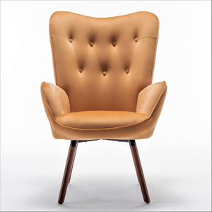 English Elm Mid-Century Modern Wingback Chair Tufted Polyester Upholstery Splayed Wood Legs Mustard yellow B2735P511070