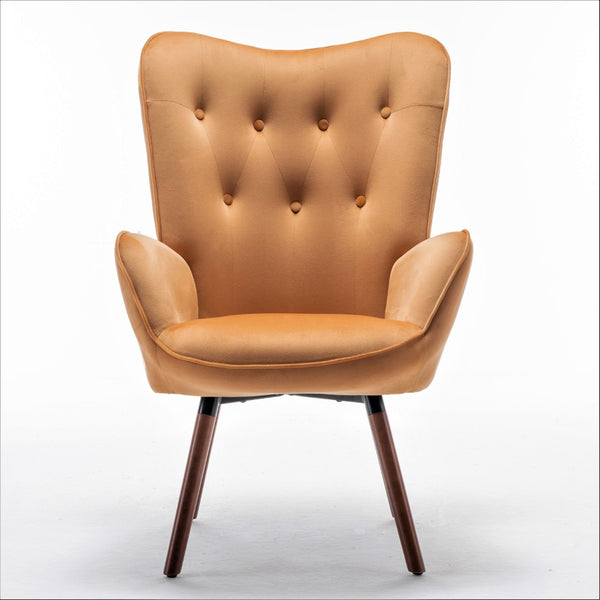 English Elm Mid-Century Modern Wingback Chair Tufted Polyester Upholstery Splayed Wood Legs Mustard yellow B2735P511070