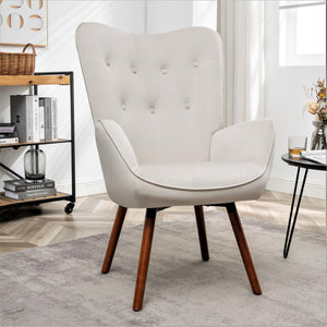 English Elm Mid-Century Modern Wingback Chair Tufted Polyester Upholstery Splayed Wood Legs Ivory B2735P511071