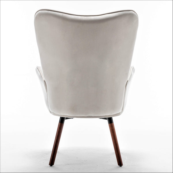English Elm Mid-Century Modern Wingback Chair Tufted Polyester Upholstery Splayed Wood Legs Ivory B2735P511071