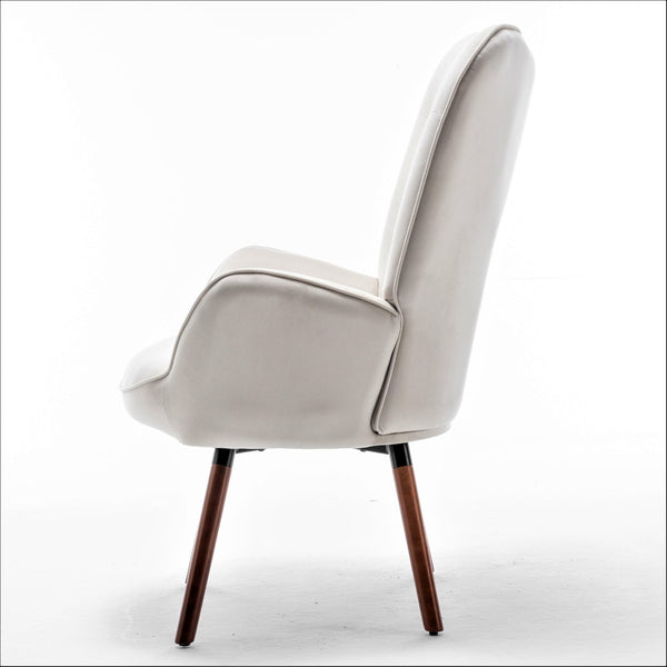 English Elm Mid-Century Modern Wingback Chair Tufted Polyester Upholstery Splayed Wood Legs Ivory B2735P511071