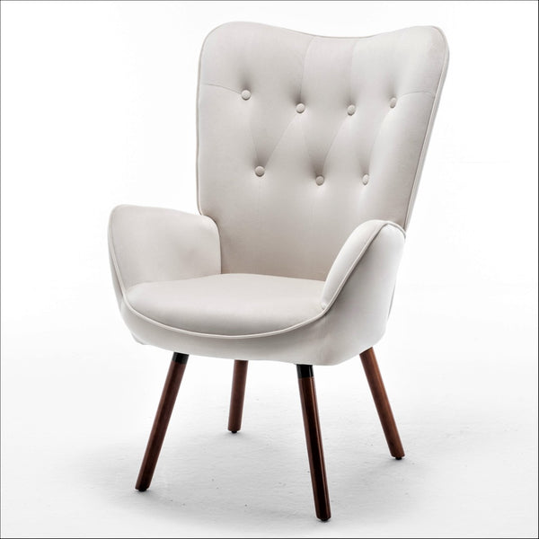 English Elm Mid-Century Modern Wingback Chair Tufted Polyester Upholstery Splayed Wood Legs Ivory B2735P511071