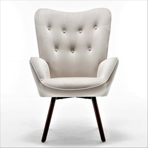 English Elm Mid-Century Modern Wingback Chair Tufted Polyester Upholstery Splayed Wood Legs Ivory B2735P511071