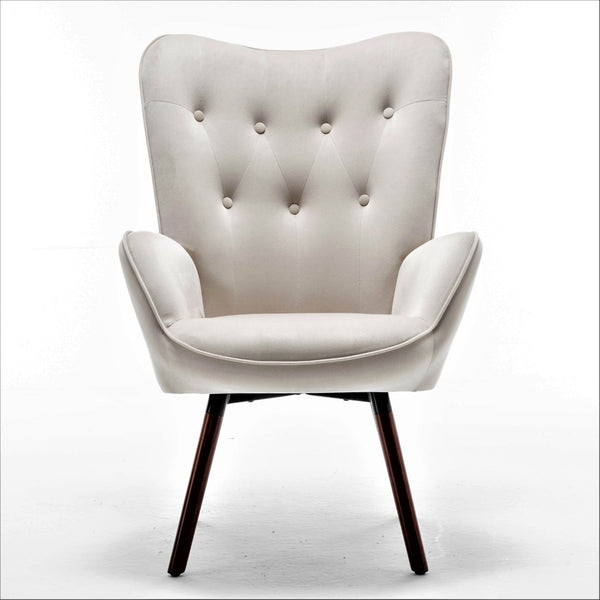 English Elm Mid-Century Modern Wingback Chair Tufted Polyester Upholstery Splayed Wood Legs Ivory B2735P511071