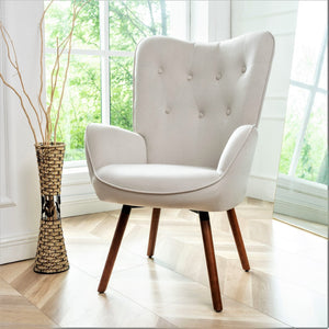 English Elm Mid-Century Modern Wingback Chair Tufted Polyester Upholstery Splayed Wood Legs Ivory B2735P511071