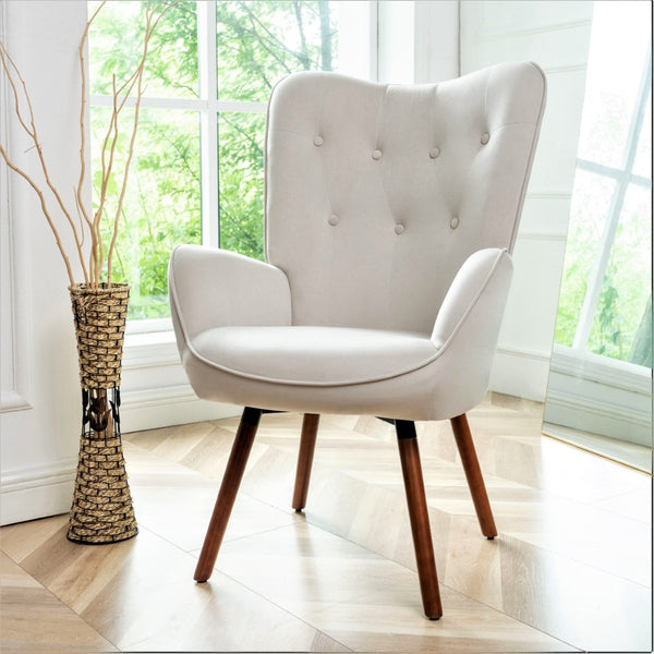 English Elm Mid-Century Modern Wingback Chair Tufted Polyester Upholstery Splayed Wood Legs Ivory B2735P511071