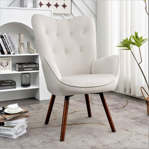 English Elm Mid-Century Modern Wingback Chair Tufted Polyester Upholstery Splayed Wood Legs Ivory B2735P511071