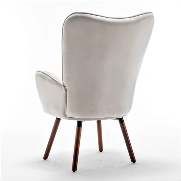 English Elm Mid-Century Modern Wingback Chair Tufted Polyester Upholstery Splayed Wood Legs Ivory B2735P511071