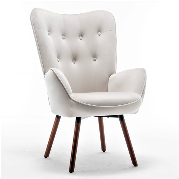 English Elm Mid-Century Modern Wingback Chair Tufted Polyester Upholstery Splayed Wood Legs Ivory B2735P511071
