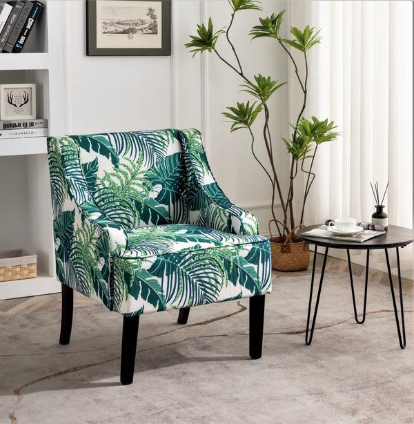 English Elm Versatile Solid Wood Accent Chair Velvet Upholstered Tailored Silhouette for Dining Bedroom Green Leaves B2735P511130